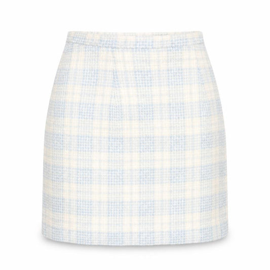 Front view of Dorothy Perkins women’s blue plaid acrylic a-line skirt, size UK 8, button