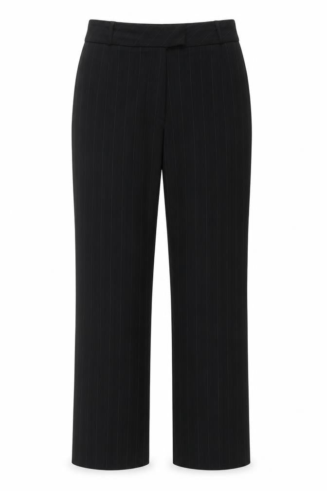 Front view of Klass women’s black striped polyester trousers, size UK 14, 30-inch leg regular hook & eye