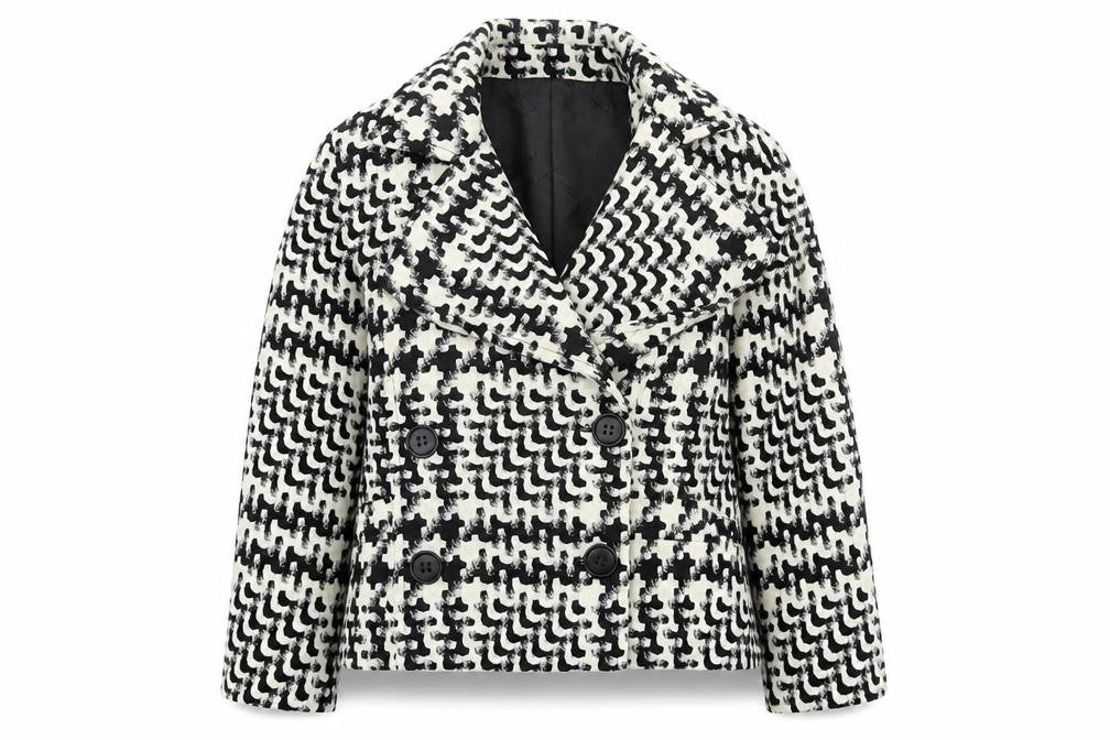 Front view of Lucchero women’s black geometric jacket, size UK 14, button