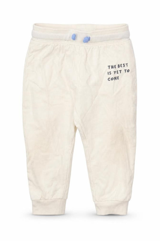 Front view of Pep&Co Baby Ivory Cotton Jogger Trousers, size 9-12, Months Drawstring - The Best Is Yet To Come