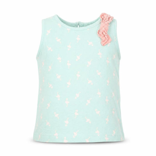 Front view of mamas & papas Baby Green Geometric Cotton Basic T-Shirt, size 18-24, Months Round Neck Button - Flamingo Print