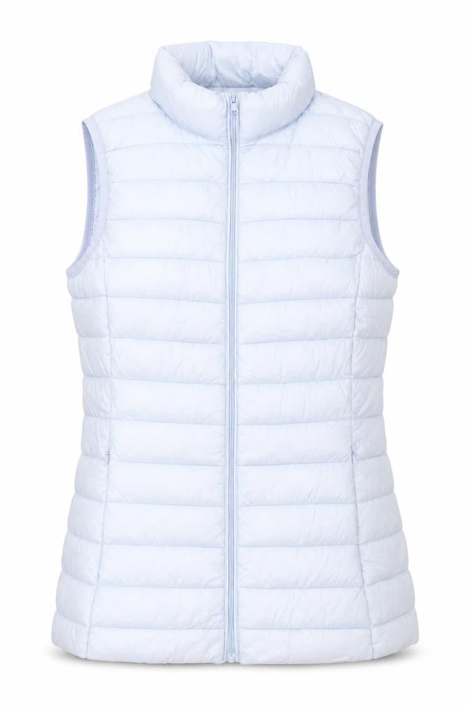 Front view of Dunnes women’s blue gilet jacket, size XS, zip