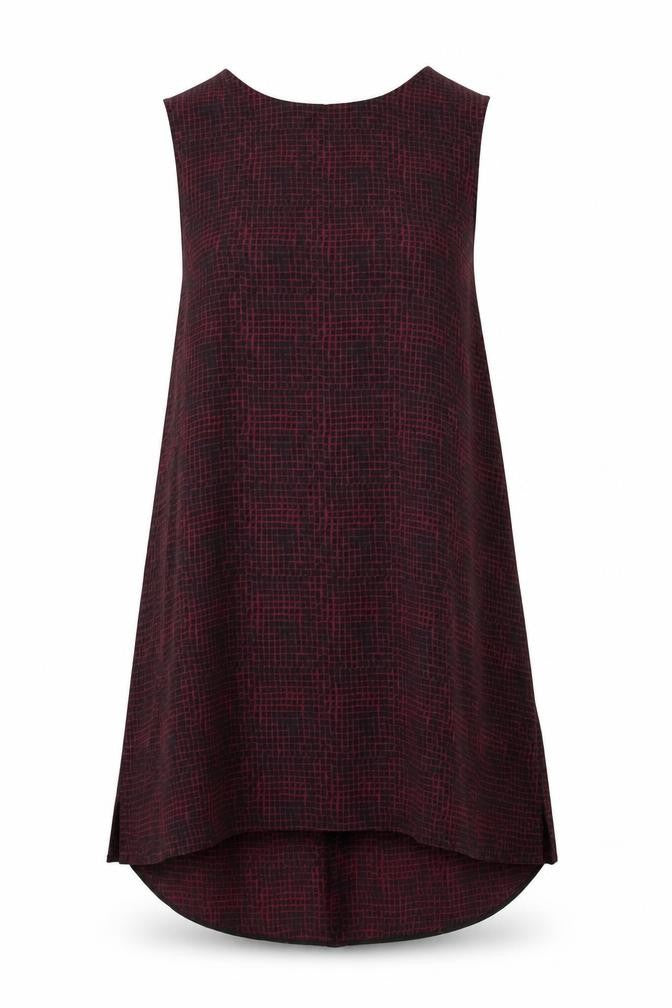 Front view of Topshop women’s red geometric polyester tunic blouse, size UK 8, high neck