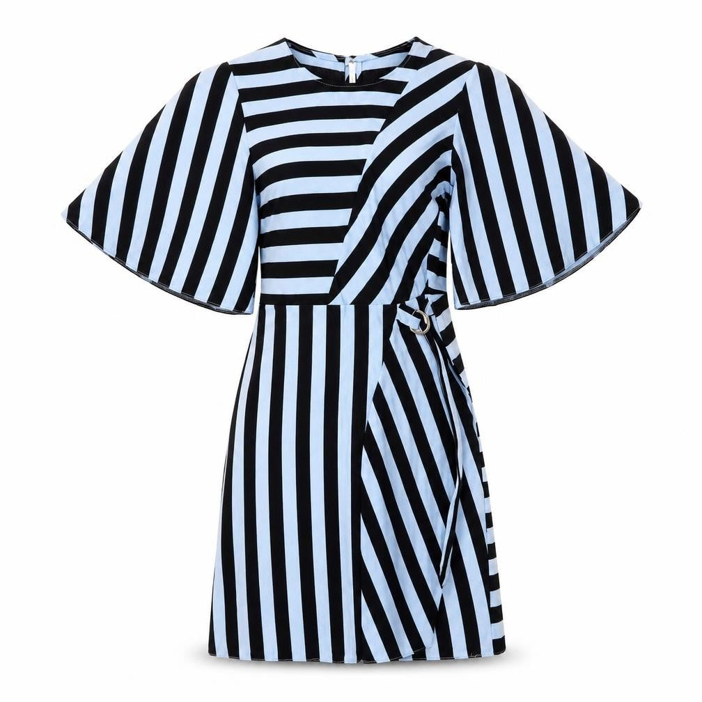 Front view of Topshop women’s blue striped viscose shift, size UK 6, scoop neck hook & loop