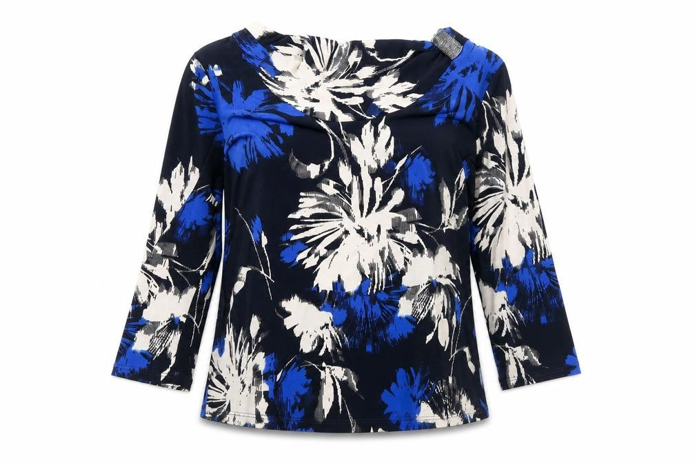 Front view of Country Casuals women’s blue floral polyester basic t-shirt, size L, boat neck