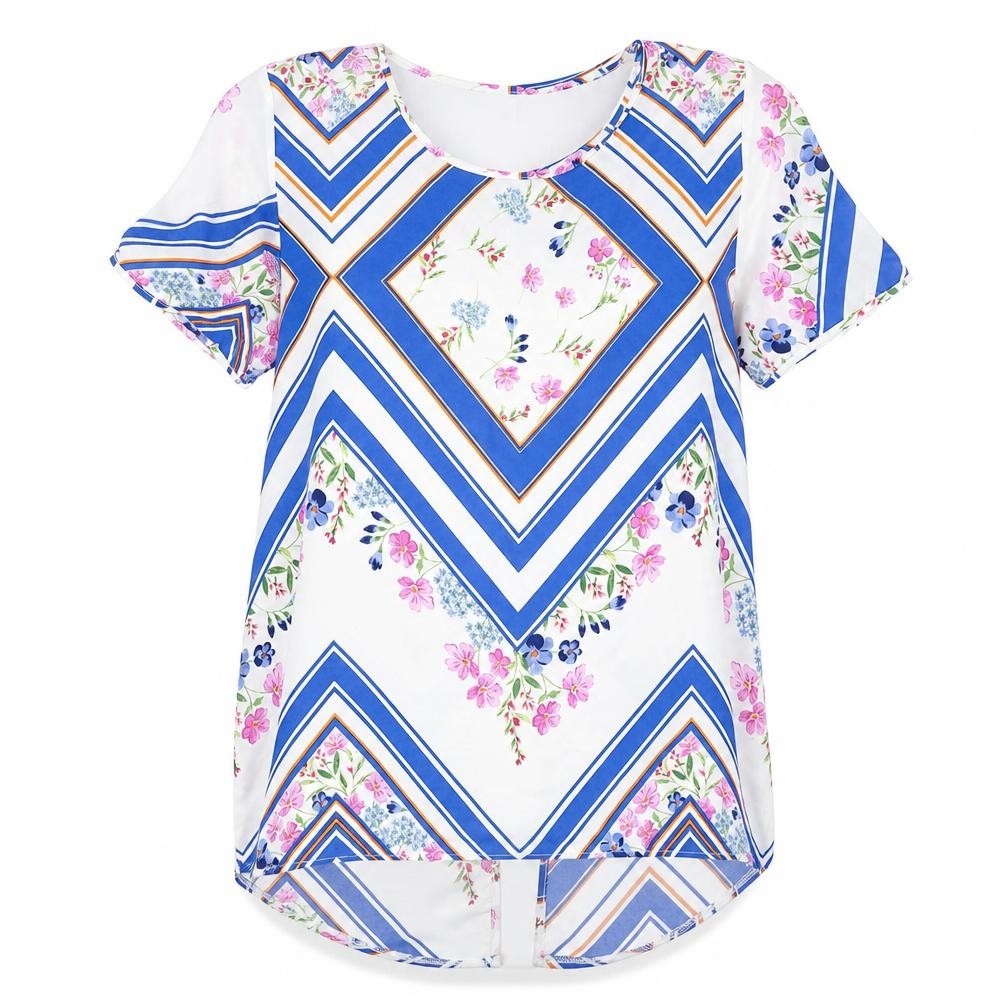 Front view of Peacocks women’s multicoloured geometric polyester basic blouse, size UK 14, scoop neck