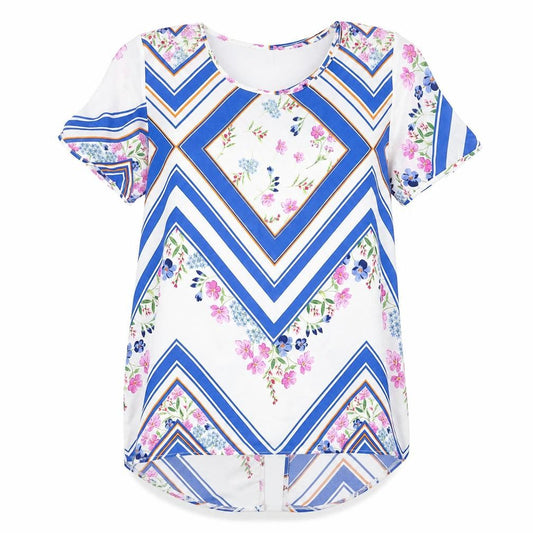 Front view of Peacocks women’s multicoloured geometric polyester basic blouse, size UK 14, scoop neck