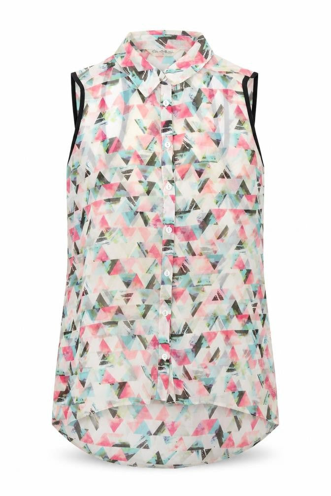 Front view of Miss Selfridge women’s multicoloured geometric polyester tunic button-up, size UK 10, collared