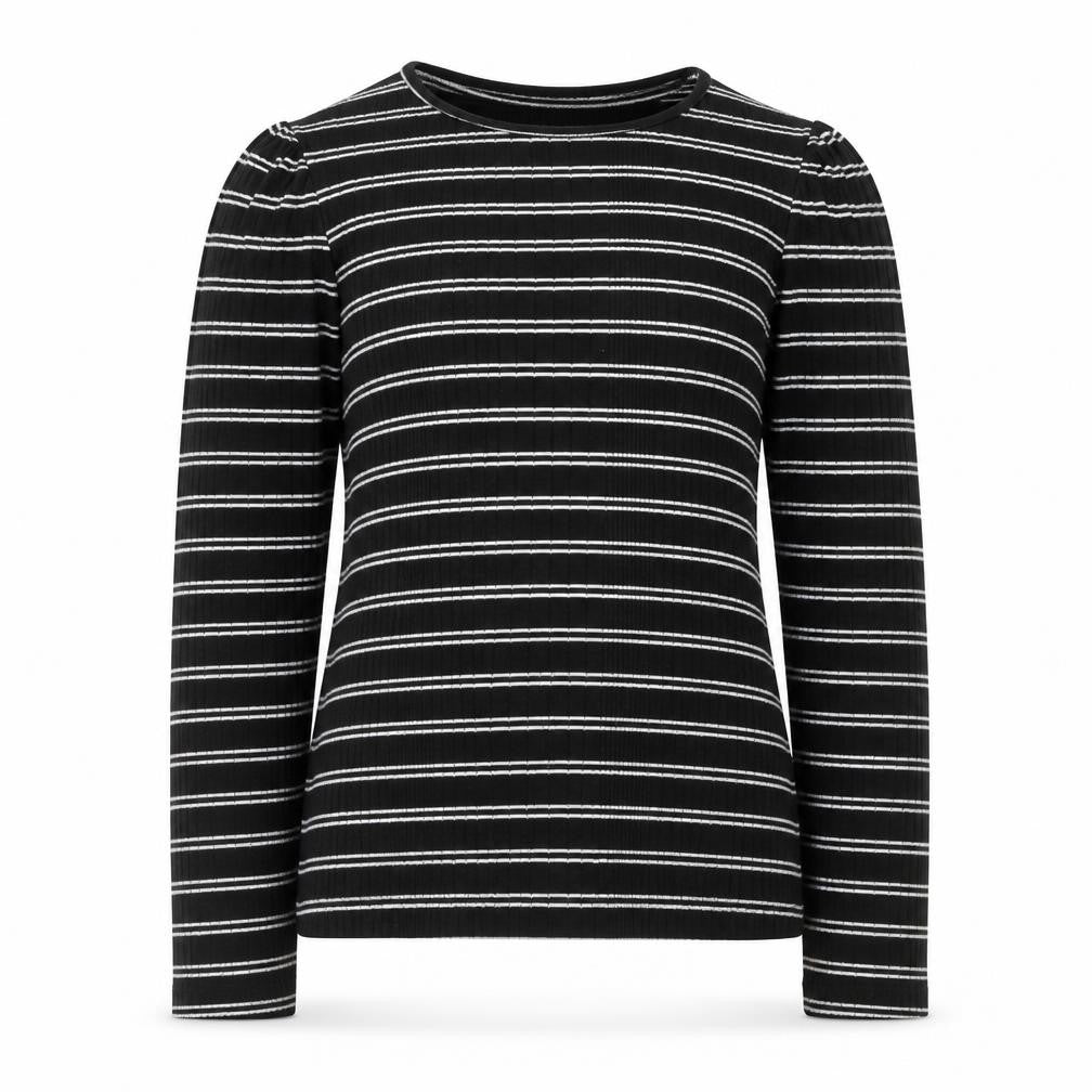 Front view of F&F girls’ black striped polyester basic t-shirt, size 9-10, years round neck pullover - ribbed