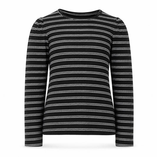 Front view of F&F girls’ black striped polyester basic t-shirt, size 9-10, years round neck pullover - ribbed