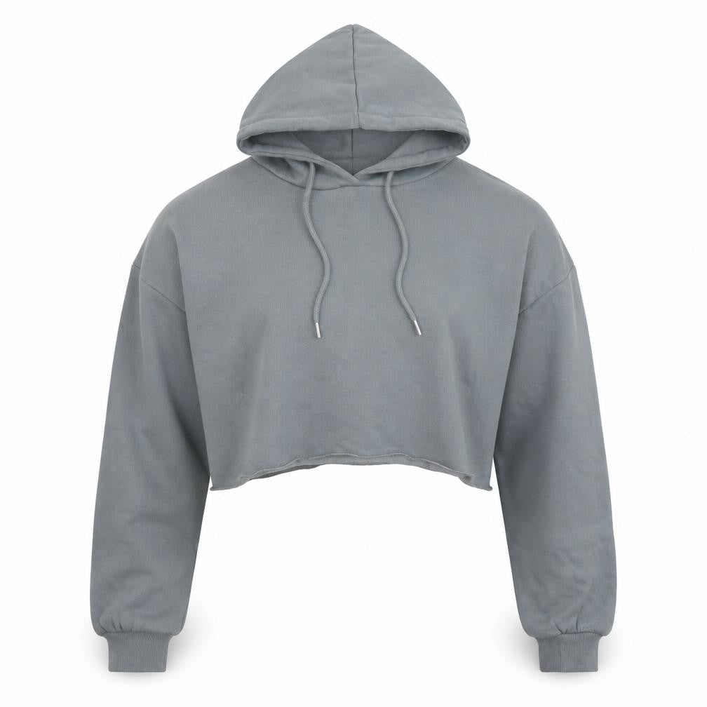 Front view of Rising women’s grey cotton pullover hoodie, size M, pullover