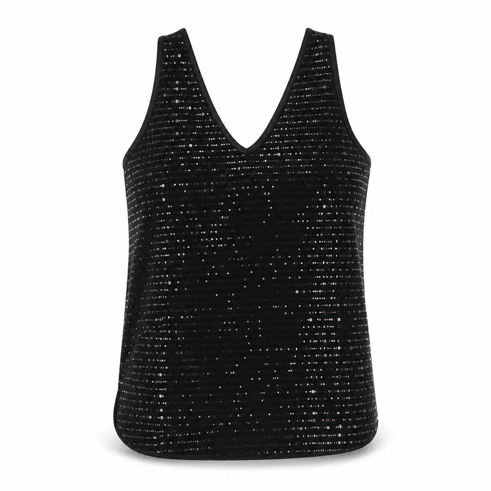 Front view of Wallis women’s black nylon basic tank, size S, v-neck