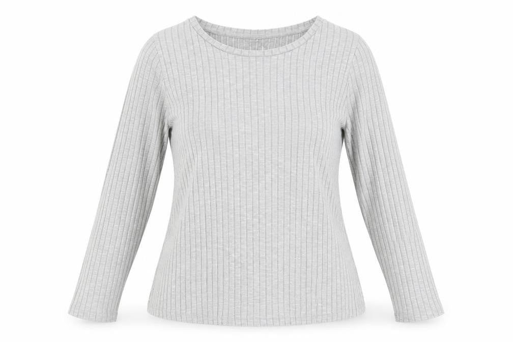 Front view of ASOS women’s grey striped viscose basic blouse, size UK 12, round neck