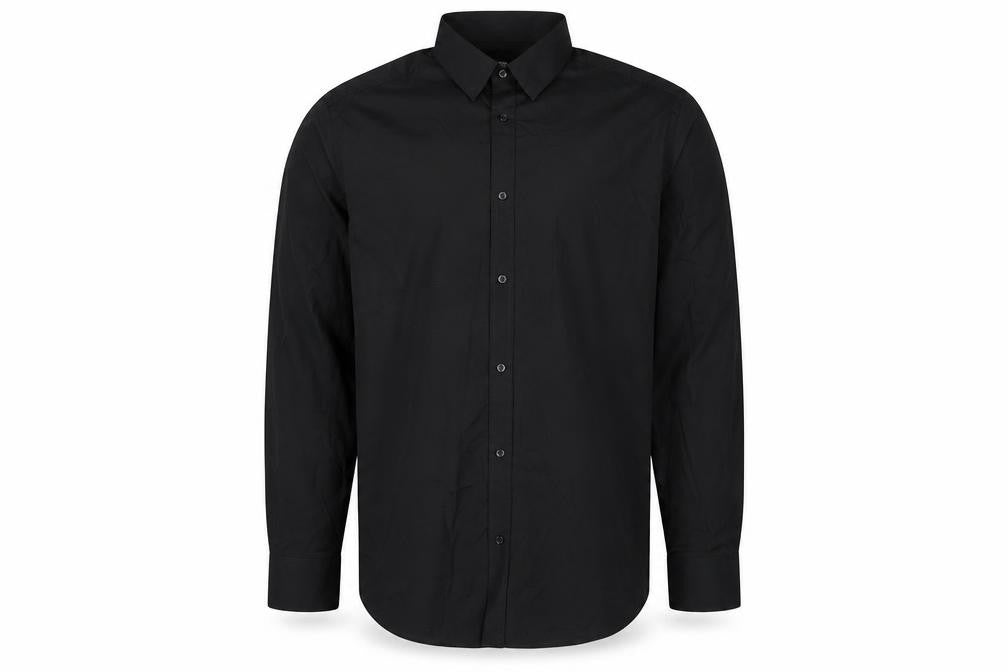 Front view of George men’s black polyester button-up, size 16, collared button