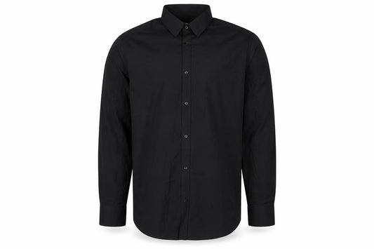 Front view of George men’s black polyester button-up, size 16, collared button