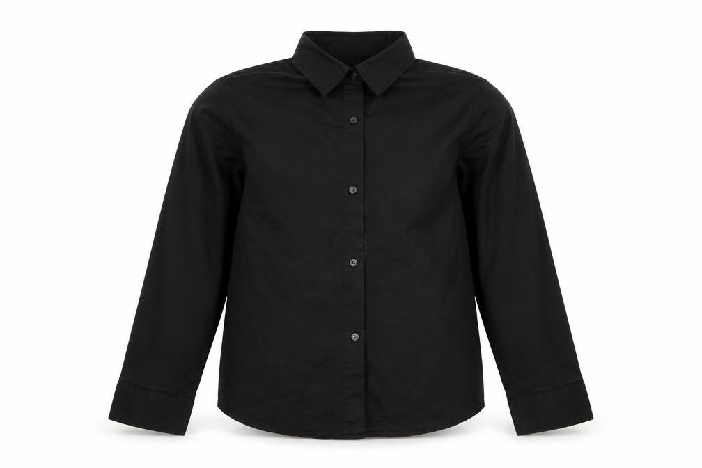 Front view of Aimiaimen girls’ blue cotton basic button-up, size 8-9, years collared button