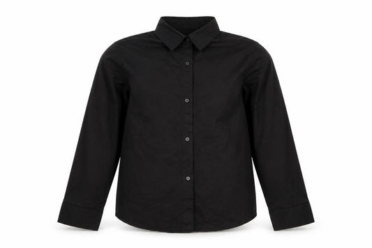 Front view of Aimiaimen girls’ blue cotton basic button-up, size 8-9, years collared button
