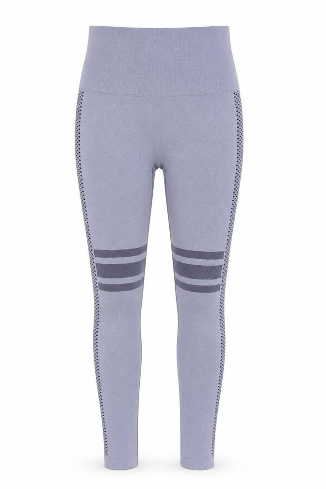 Front view of SHEIN women’s blue striped nylon compression leggings, size S, 26-inch leg regular pullover