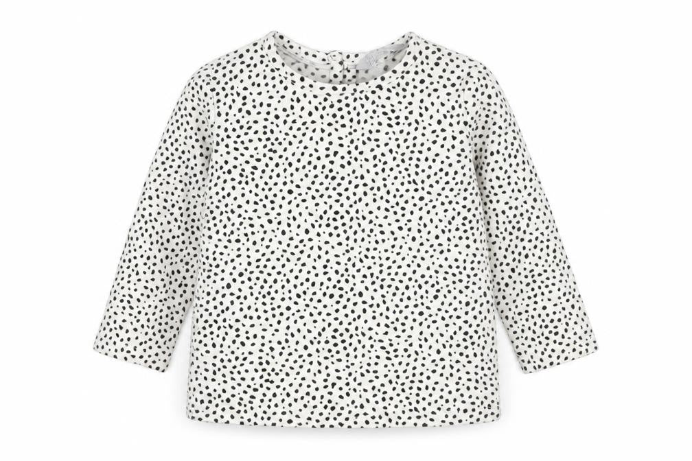 Front view of Primark Baby White Spotted Cotton Basic T-Shirt, size 12-18, Months Crew Neck Button