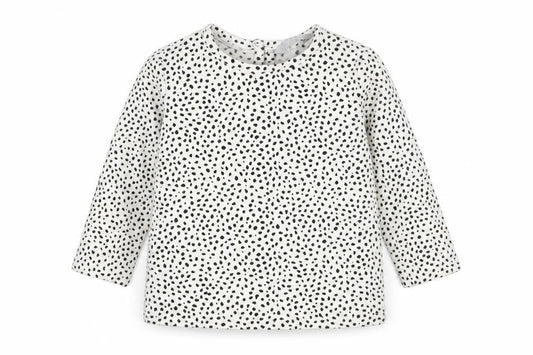 Front view of Primark Baby White Spotted Cotton Basic T-Shirt, size 12-18, Months Crew Neck Button