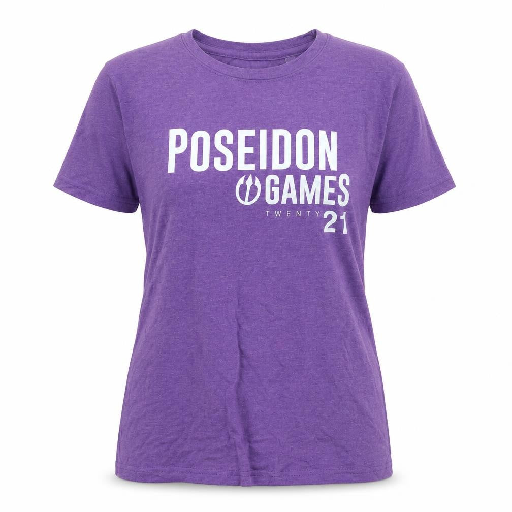 Front view of Poseidon Athlete women’s purple cotton basic t-shirt, size M, round neck