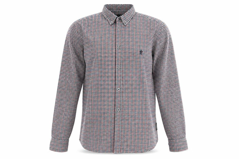 Front view of French Connection men’s multicoloured plaid cotton button-up, size M, collared button
