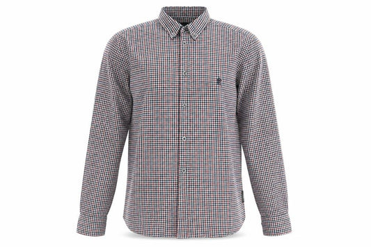 Front view of French Connection men’s multicoloured plaid cotton button-up, size M, collared button