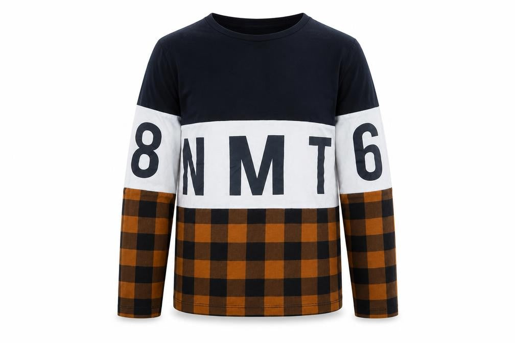 Front view of NAME IT boys’ multicoloured plaid cotton basic t-shirt, size 9-10, years round neck