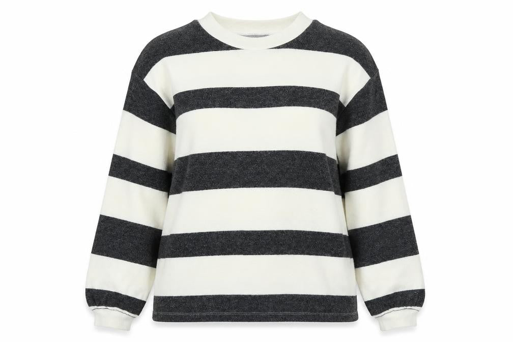 Front view of F&F women’s white round neck striped polyester jumper, size S
