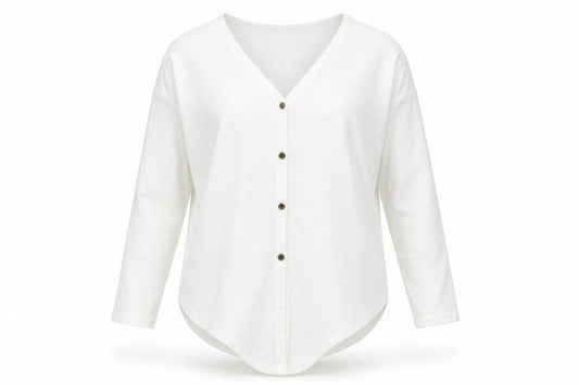 Front view of Iwollence women’s white polyester basic button-up, size M, v-neck - front knot