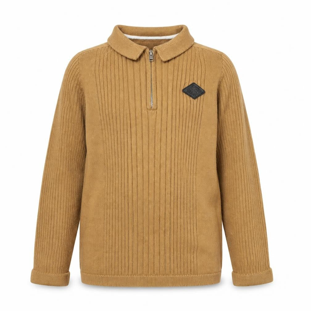 Front view of River Island girls’ brown collared cotton jumper, size 7-8, years zip
