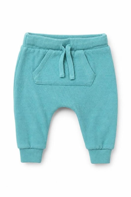 Front view of F&F boys’ blue cotton jogger trousers, size 0-3, months drawstring