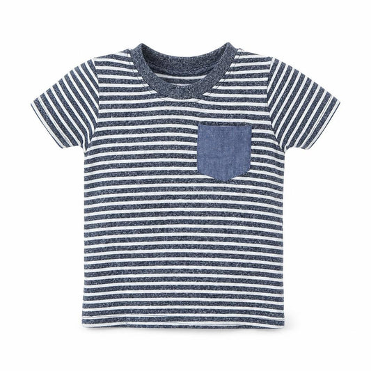 Front view of Primark boys’ blue striped cotton basic t-shirt, size 9-12, months round neck - pocket detail