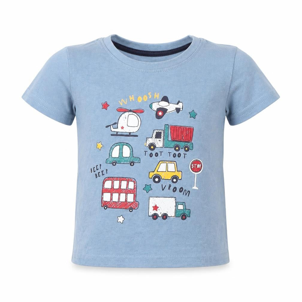 Front view of Primark boys’ blue cotton basic t-shirt, size 9-12, months round neck pullover - cars