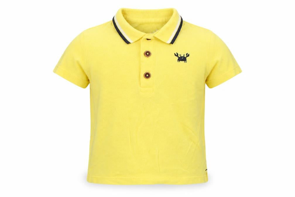 Front view of F&F boys’ yellow cotton basic polo, size 3-6, months collared button - crab