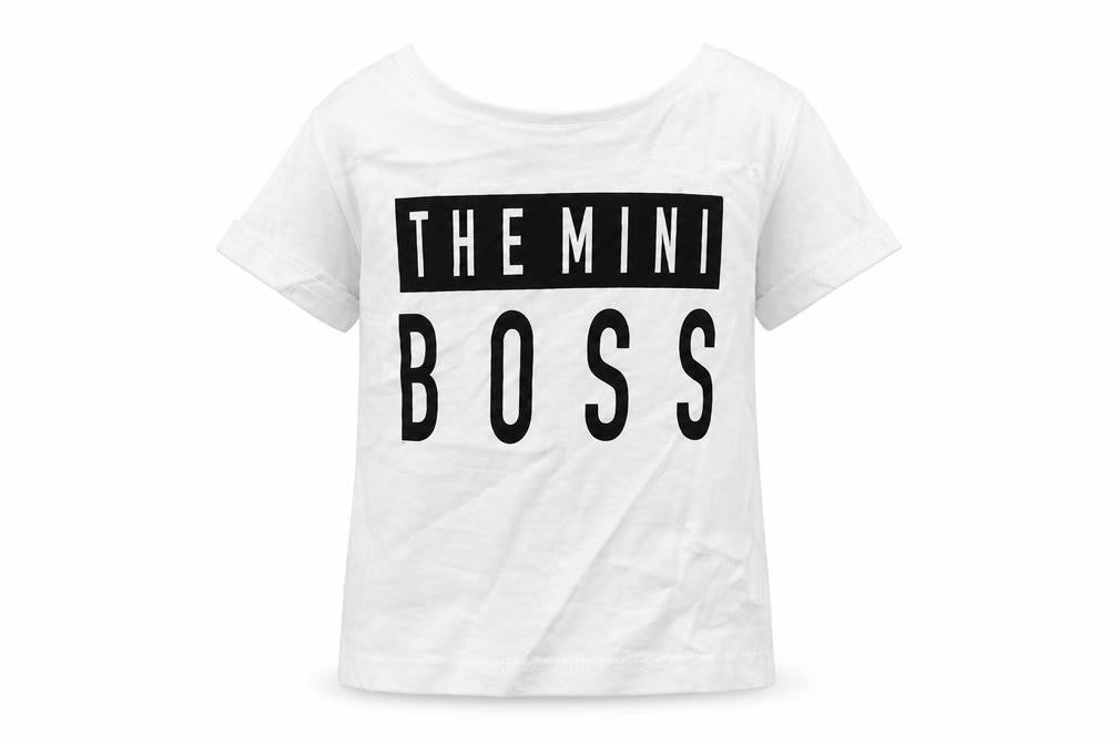 Front view of Lullaby boys’ white cotton basic t-shirt, size 3-6, months round neck - mini boss