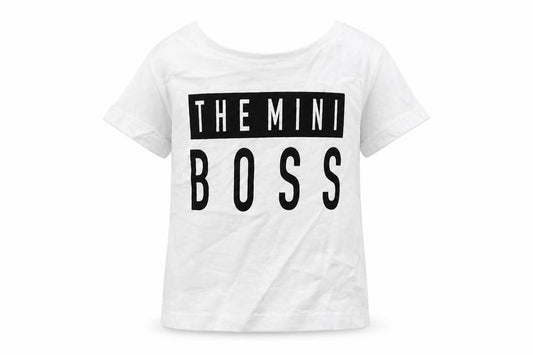 Front view of Lullaby boys’ white cotton basic t-shirt, size 3-6, months round neck - mini boss