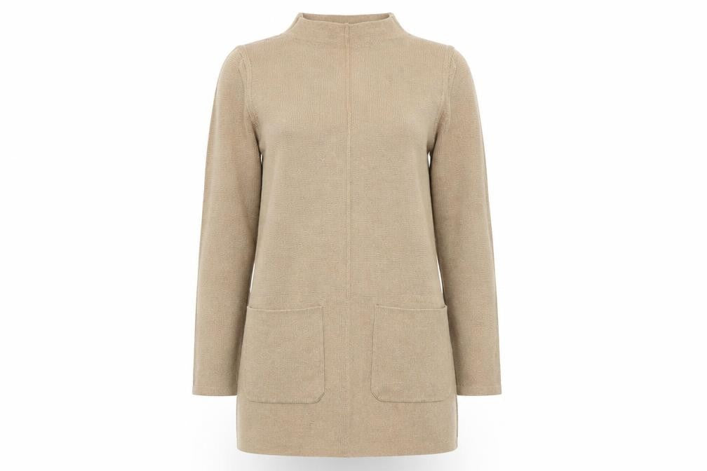 Front view of Marks & Spencer women’s brown mock neck cotton jumper, size UK 8