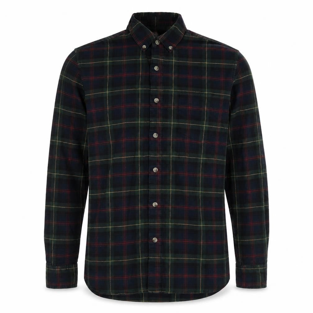 Front view of Topman men’s multicoloured plaid cotton button-up, size S, collared button
