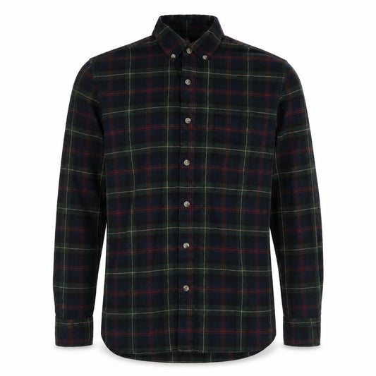 Front view of Topman men’s multicoloured plaid cotton button-up, size S, collared button