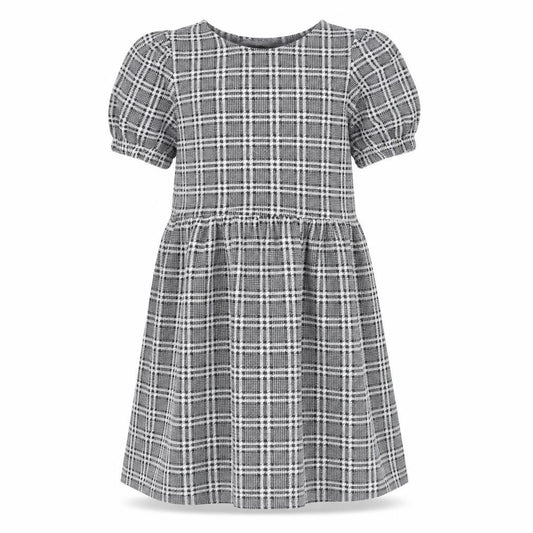 Front view of Cosmic Kids girls’ grey check polyacrylate fibre skater dress, size 12, years round neck pullover