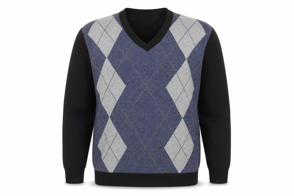 Front view of Headland men’s multicoloured v-neck argyle/diamond polyester jumper, size L