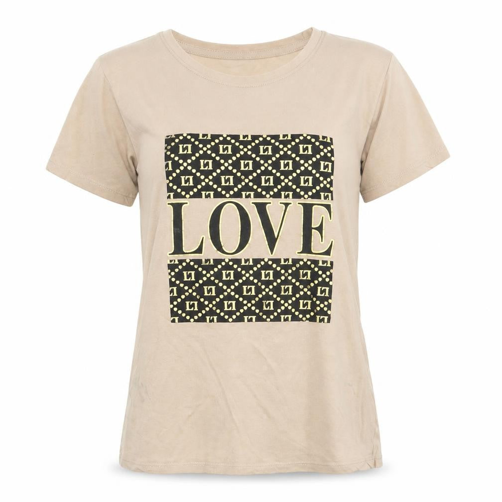 Front view of New Look women’s beige cotton basic t-shirt, size UK 6, round neck - love