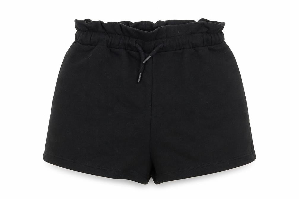 Front view of Primark women’s black polyester paperbag shorts, size XS, regular drawstring