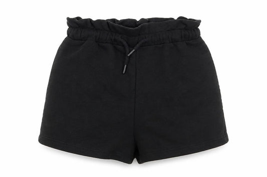 Front view of Primark women’s black polyester paperbag shorts, size XS, regular drawstring