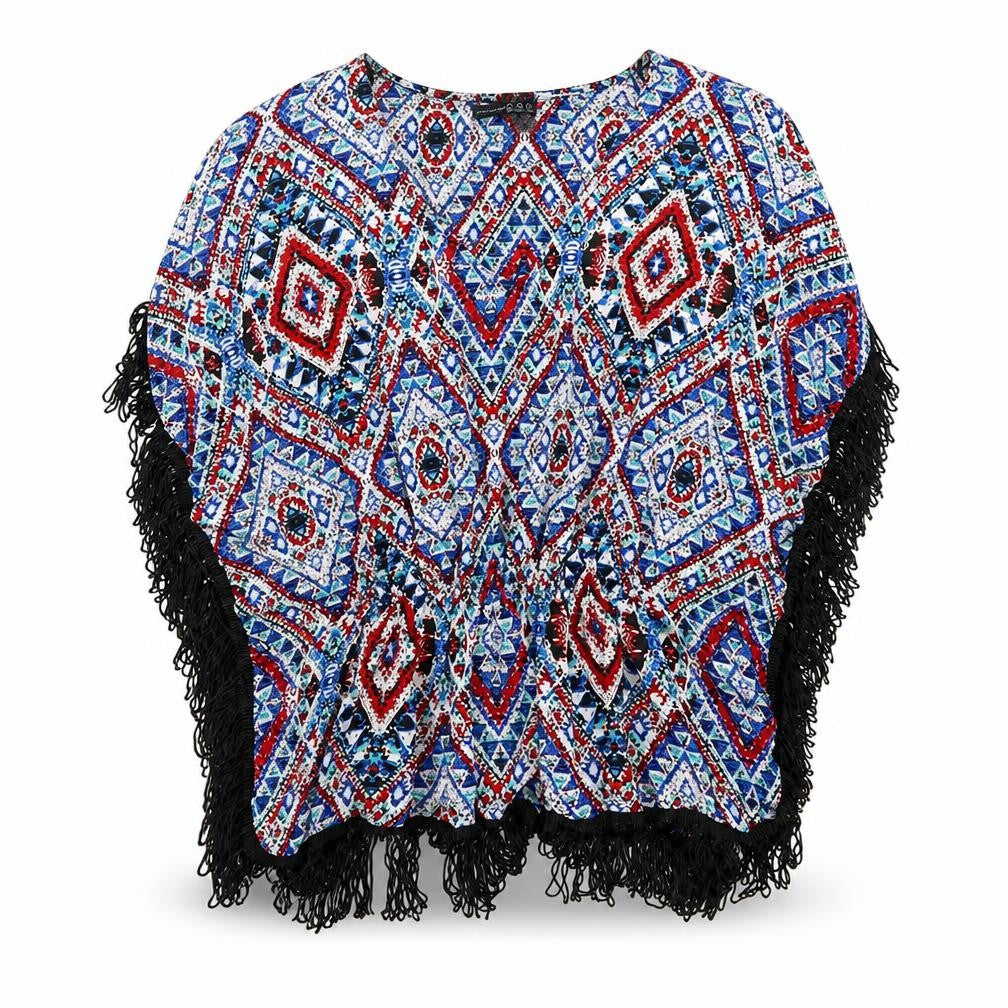 Front view of Atmosphere women’s multicoloured geometric polyester kimono t-shirt, size XL, v-neck