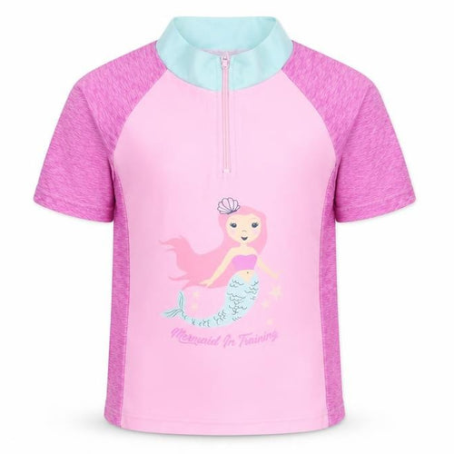 Hullabaloo Girls Pink Polyester Jersey T-Shirt Size 4-5 Years Mock Neck Zip - Rashguard, Mermaid in Training