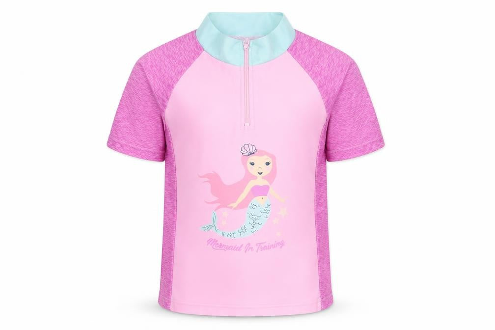 Hullabaloo Girls Pink Polyester Jersey T-Shirt Size 4-5 Years Mock Neck Zip - Rashguard, Mermaid in Training