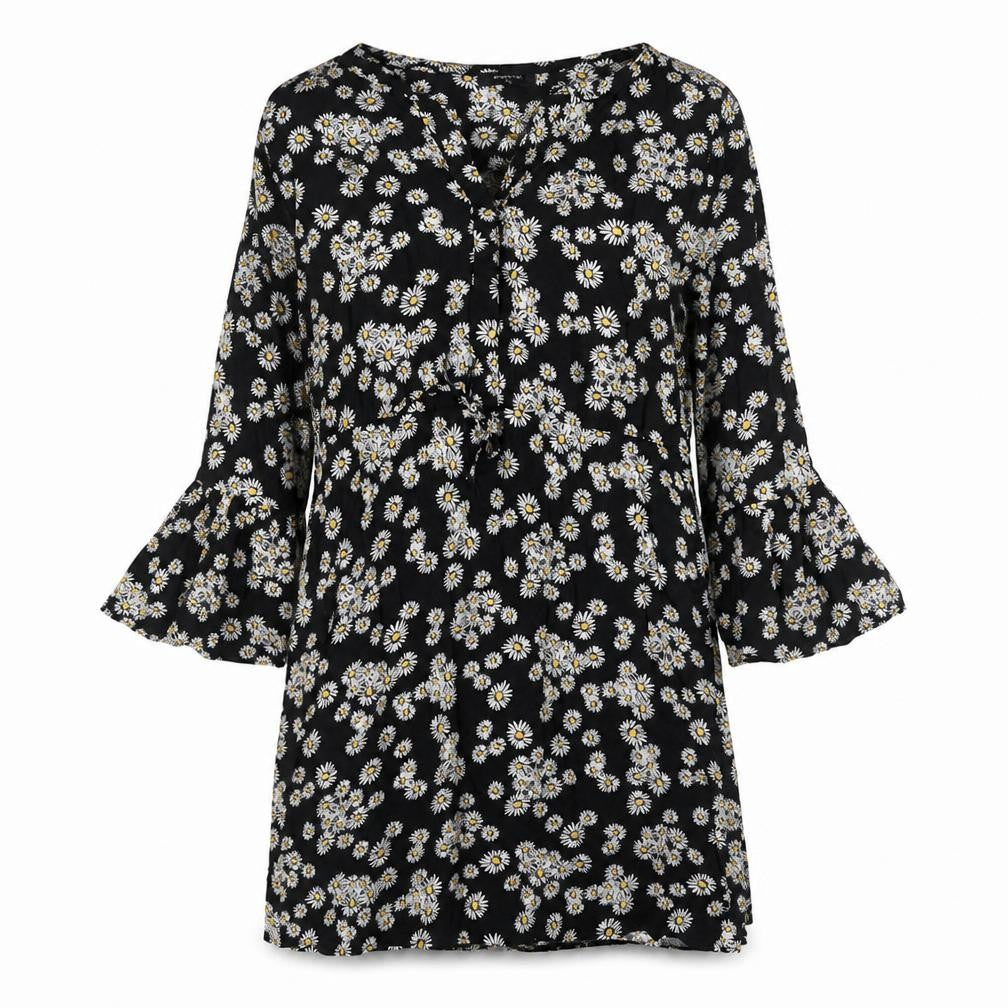 Papaya Womens Black Floral Viscose A-Line Size 10 V-Neck Button