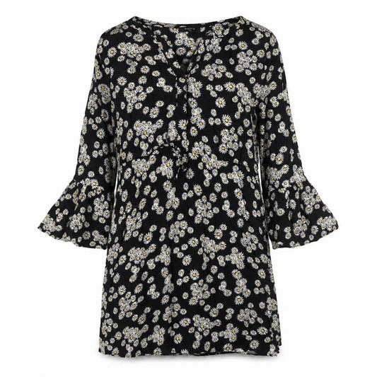 Front view of Papaya women’s black floral viscose a-line, size UK 10, v-neck button